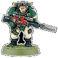 A Dark Angels Space Marine Scout with sniper rifle.